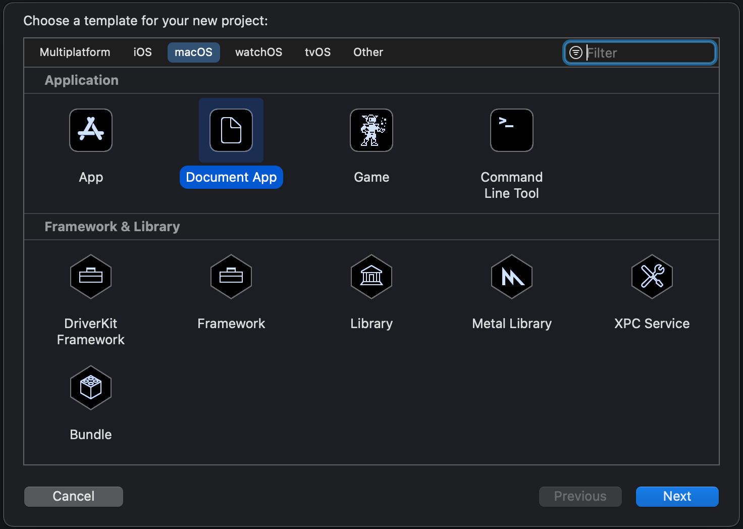 A template picker in Xcode showing macOS document app template being selected.