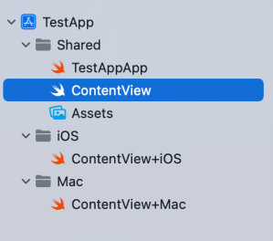 Project structure in Xcode with Shared, Mac, and iOS folders for managing platform specific code.