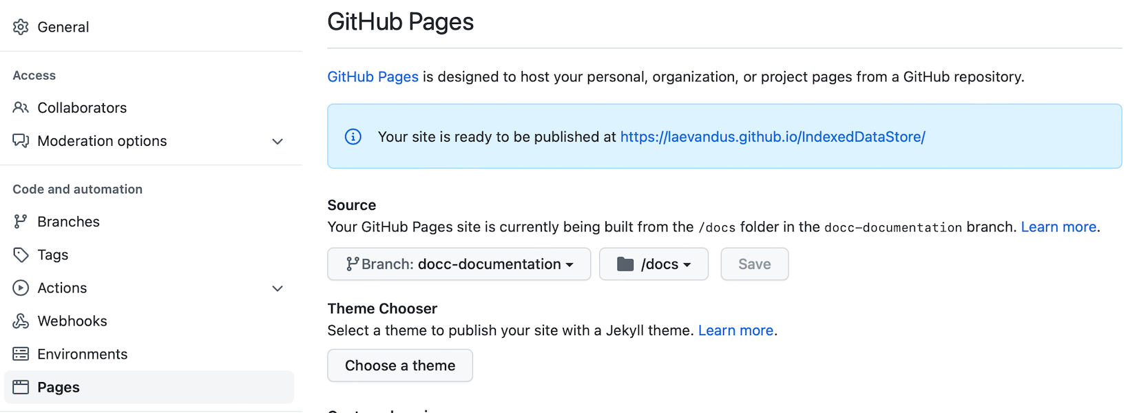 GitHub pages configuration where the branch is set to docc-documentation and relative path to /docs.