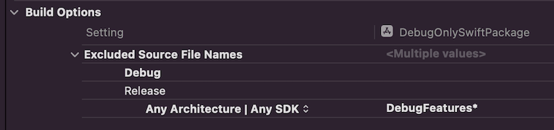 Build settings configured to ignore the package in release builds.
